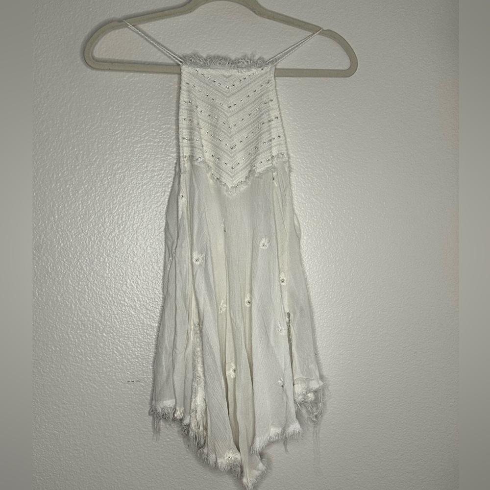 Free People White Gauze Beaded High Neck Flowy Top